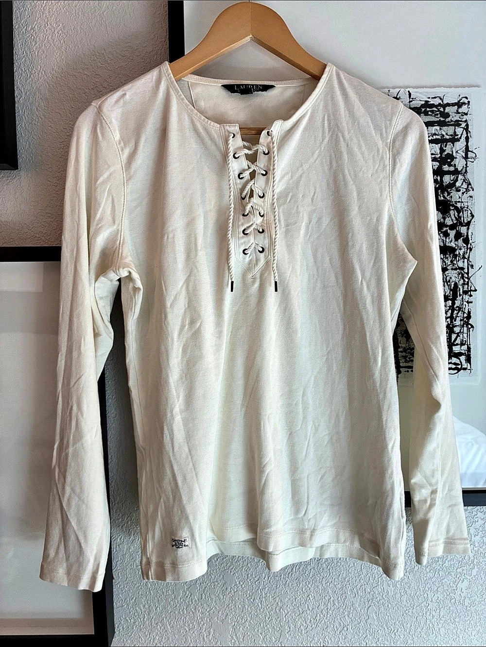 Lauren Ralph Lauren Lace-Up Long Sleeve Top in Cream Size Large